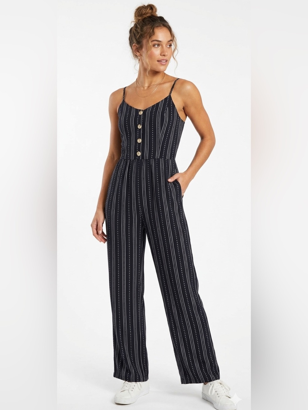 Mary & Mo Black White Striped Spaghetti-Strap Jumpsuit Size XL